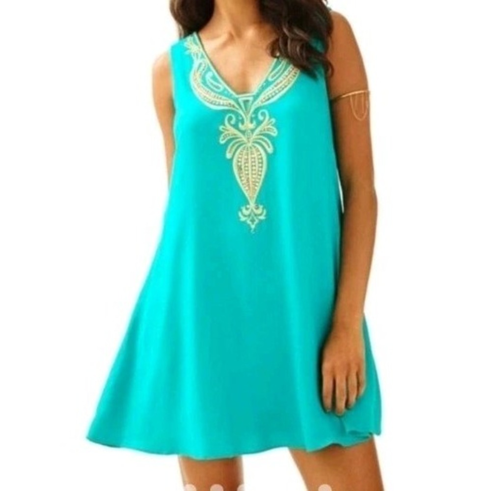 Lilly Pulitzer Owen Swing Dress Large Green Gold Beading Pockets Trapeze NWT